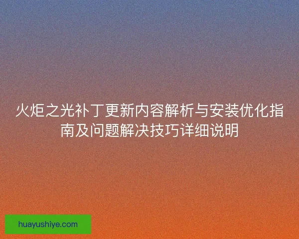 火炬之光补丁更新内容解析与安装优化指南及问题解决技巧详细说明
